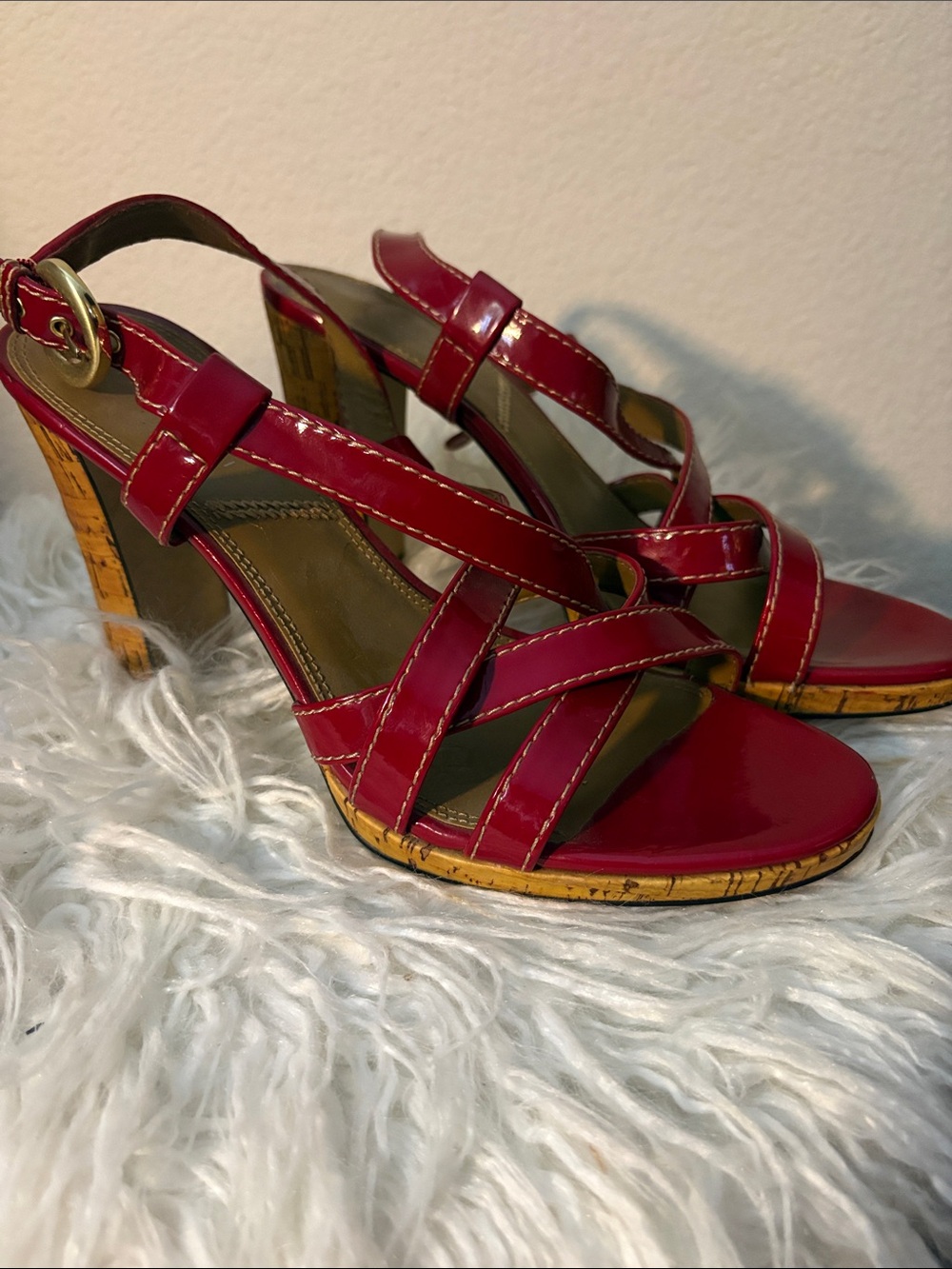 Tahari Red Patent Strappy Cork-Effect Block Heel Sandals